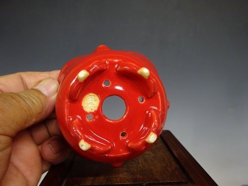 Japanese Bonsai pot FUKA signed Coral glazed RINKA Round Red φ3.7" /424