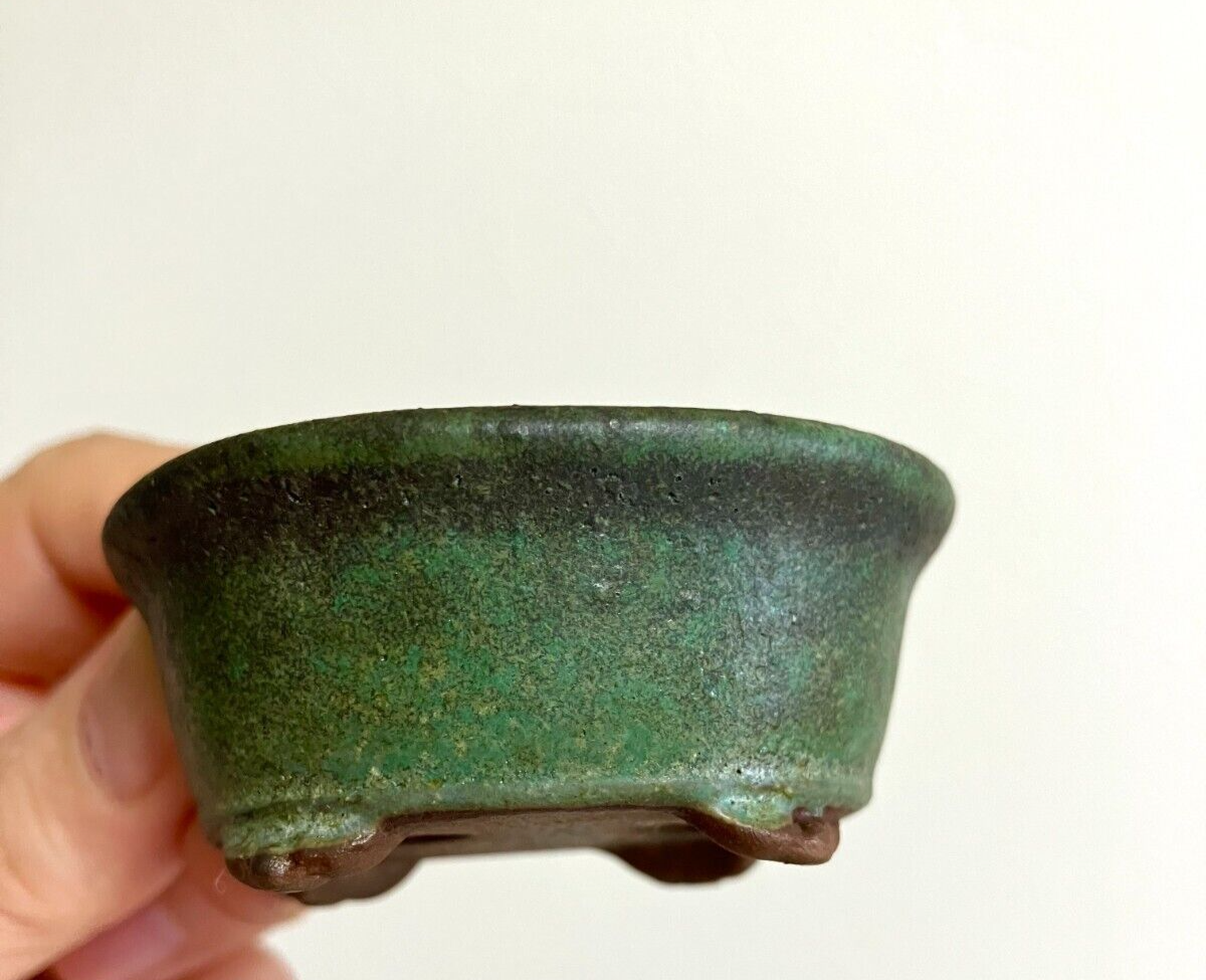 Japanese old bonsai pot TOSUI signed Set of 2 Cloud foot Green Brown w2.4" /310