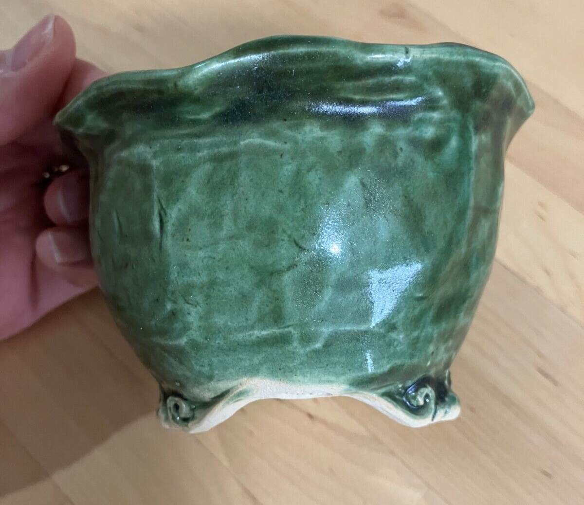 Japanese bonsai pot MASASHI FURUMOTO signed Green glazed Crab relief w3.8" 342