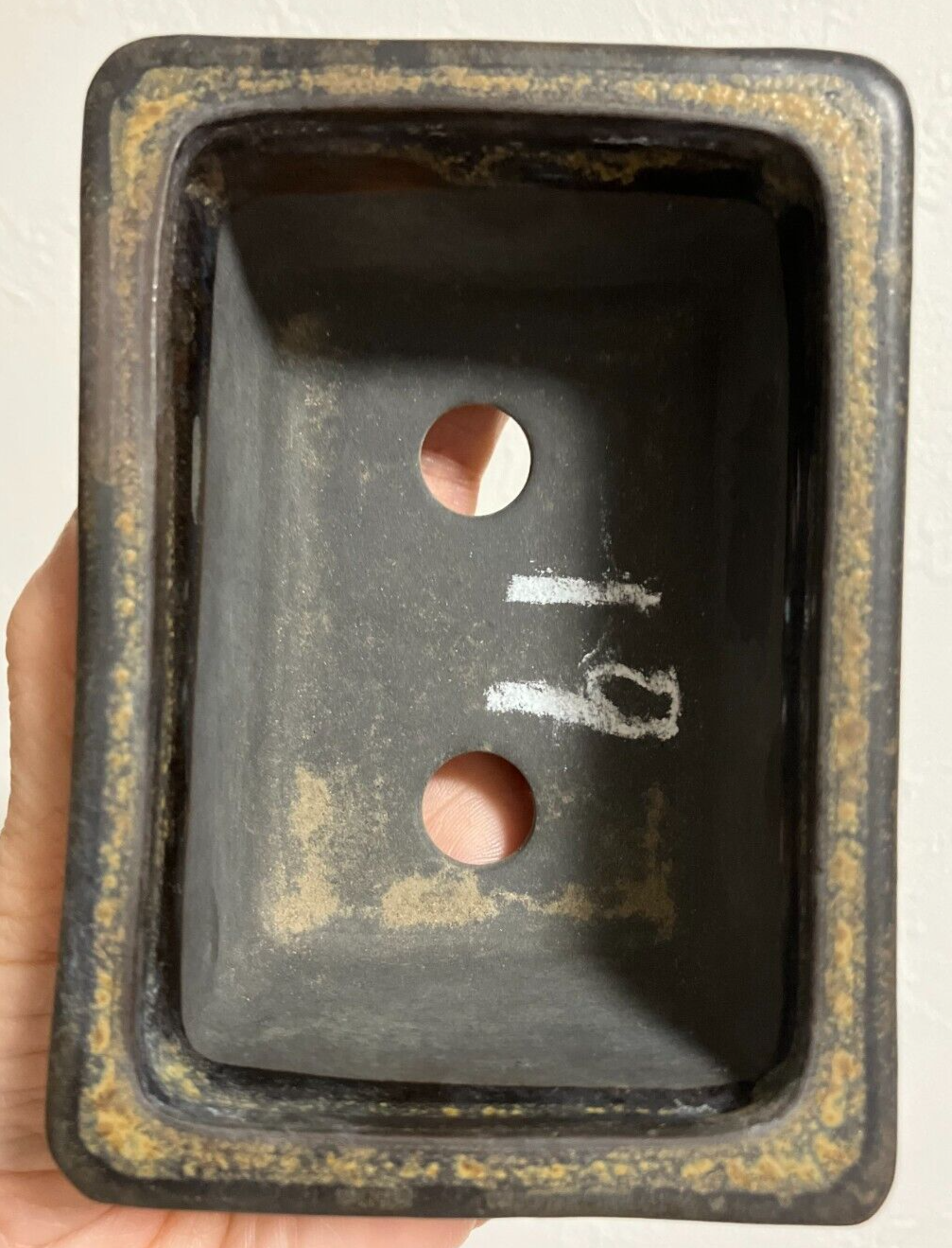 Japanese bonsai pot TOSUI signed glazed rectangle black brown w4.1" #26