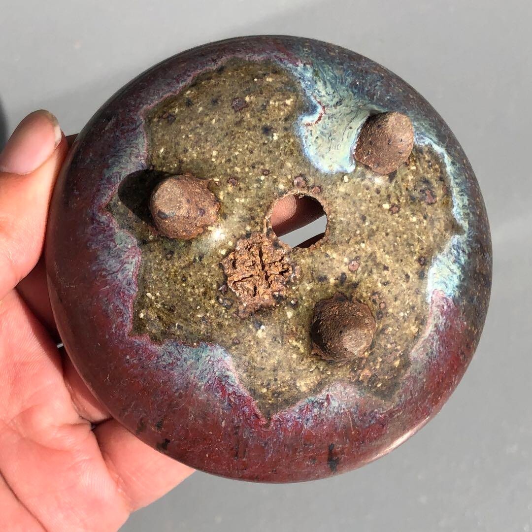 Japanese bonsai pot YOHEN Cinnabar glazed 3 legs Blue Purple Round φ3.5" /422