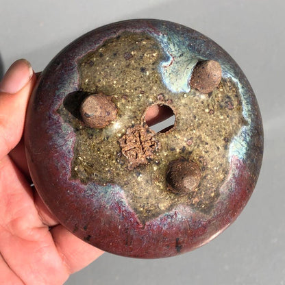 Japanese bonsai pot YOHEN Cinnabar glazed 3 legs Blue Purple Round φ3.5" /422