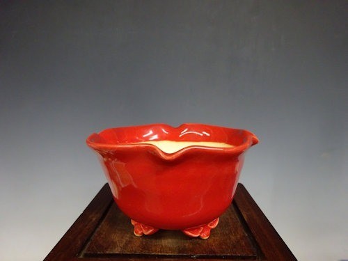 Japanese Bonsai pot FUKA signed Coral glazed RINKA Round Red φ3.7" /424
