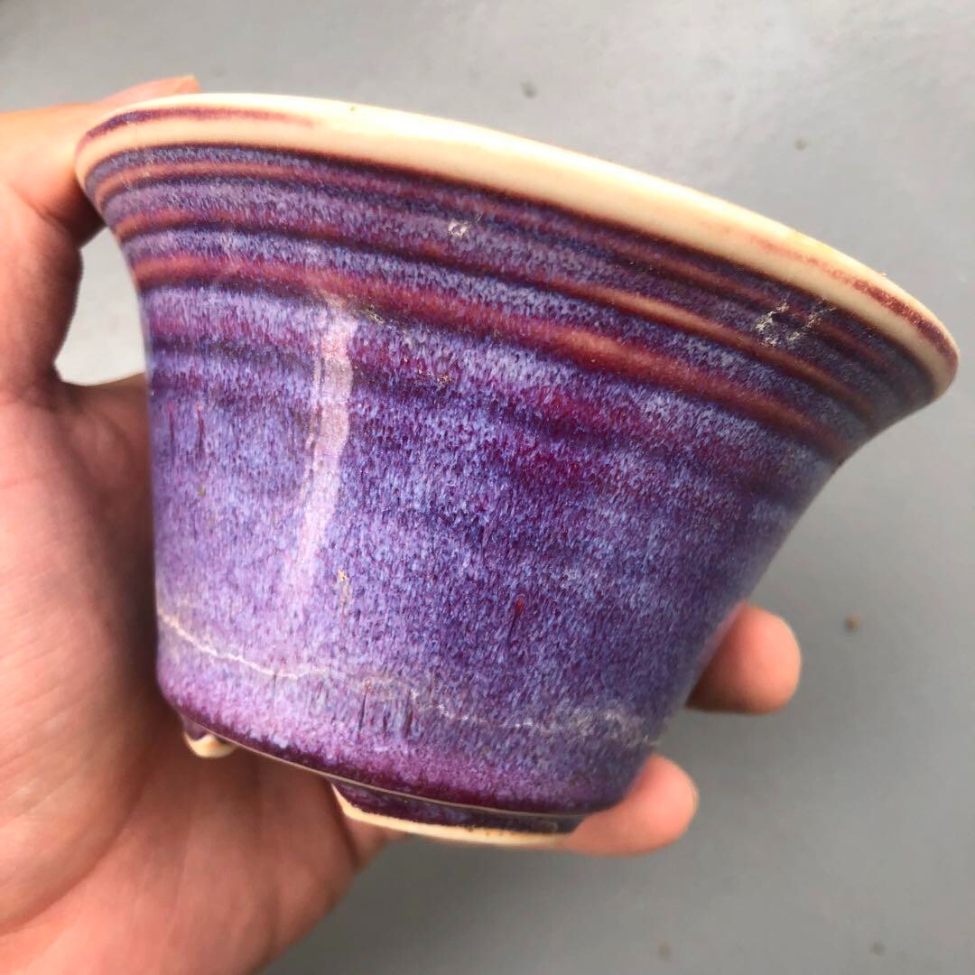 Japanese bonsai pot JUETSU signed purple glazed SESSOKU foot used φ4.3" /270