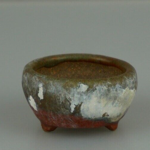 Japanese Bonsai pot artist signed MAME Red & green glazed Three legs φ1.9" /406