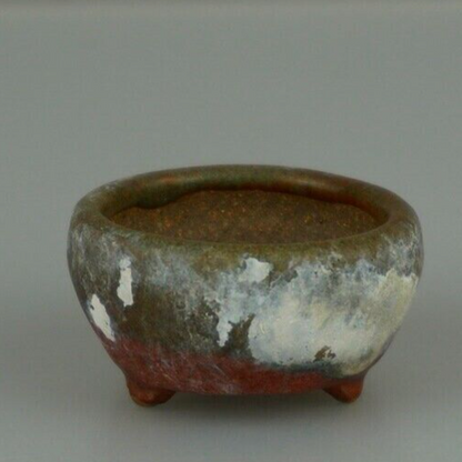 Japanese Bonsai pot artist signed MAME Red & green glazed Three legs φ1.9" /406