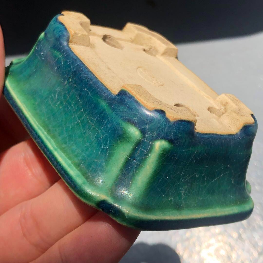 Japanese TOKONAME Bonsai pot YOZAN kiln EIMEI signed Green glazed w3.3" /404