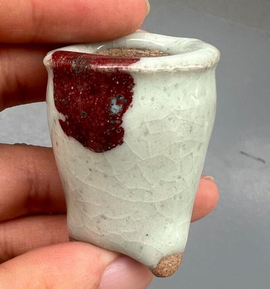 Japanese Bonsai pot AKINAO signed YOHEN Cinnabar glazed MAME Cascade h1.7" /357