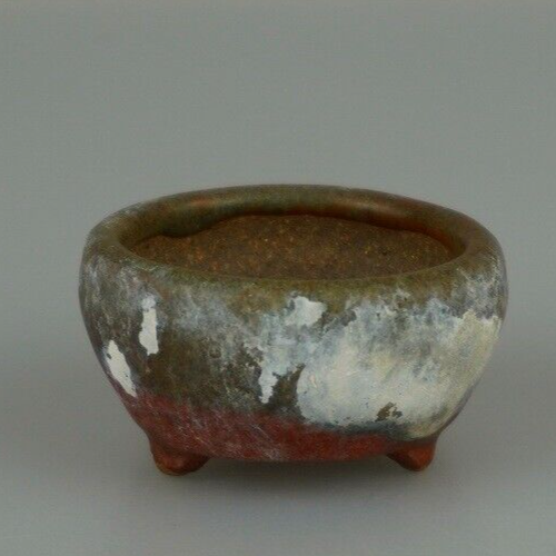 Japanese Bonsai pot artist signed MAME Red & green glazed Three legs φ1.9" /406