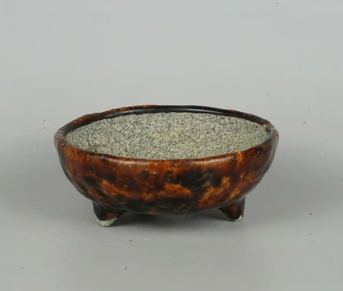 Japanese Bonsai pot ECHIZEN BUNZAN signed Brown glazed Round φ4.3" /438 11