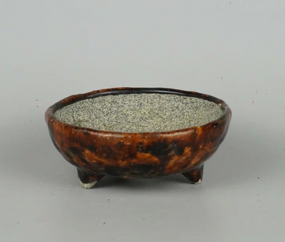 Japanese Bonsai pot ECHIZEN BUNZAN signed Brown glazed Round φ4.3" /438 11