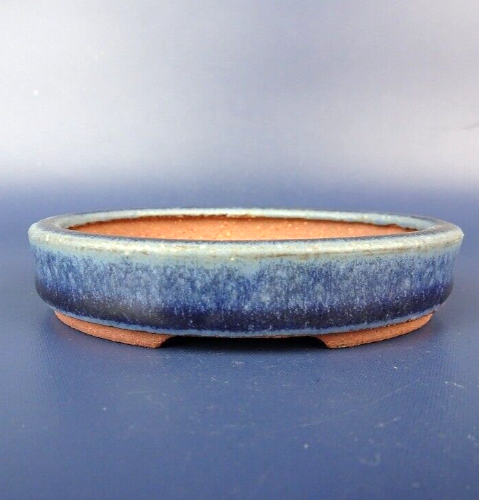Japanese TOKONAME bonsai pot YOZAN signed Navy glazed Oval NAMAKO w3.5" /405