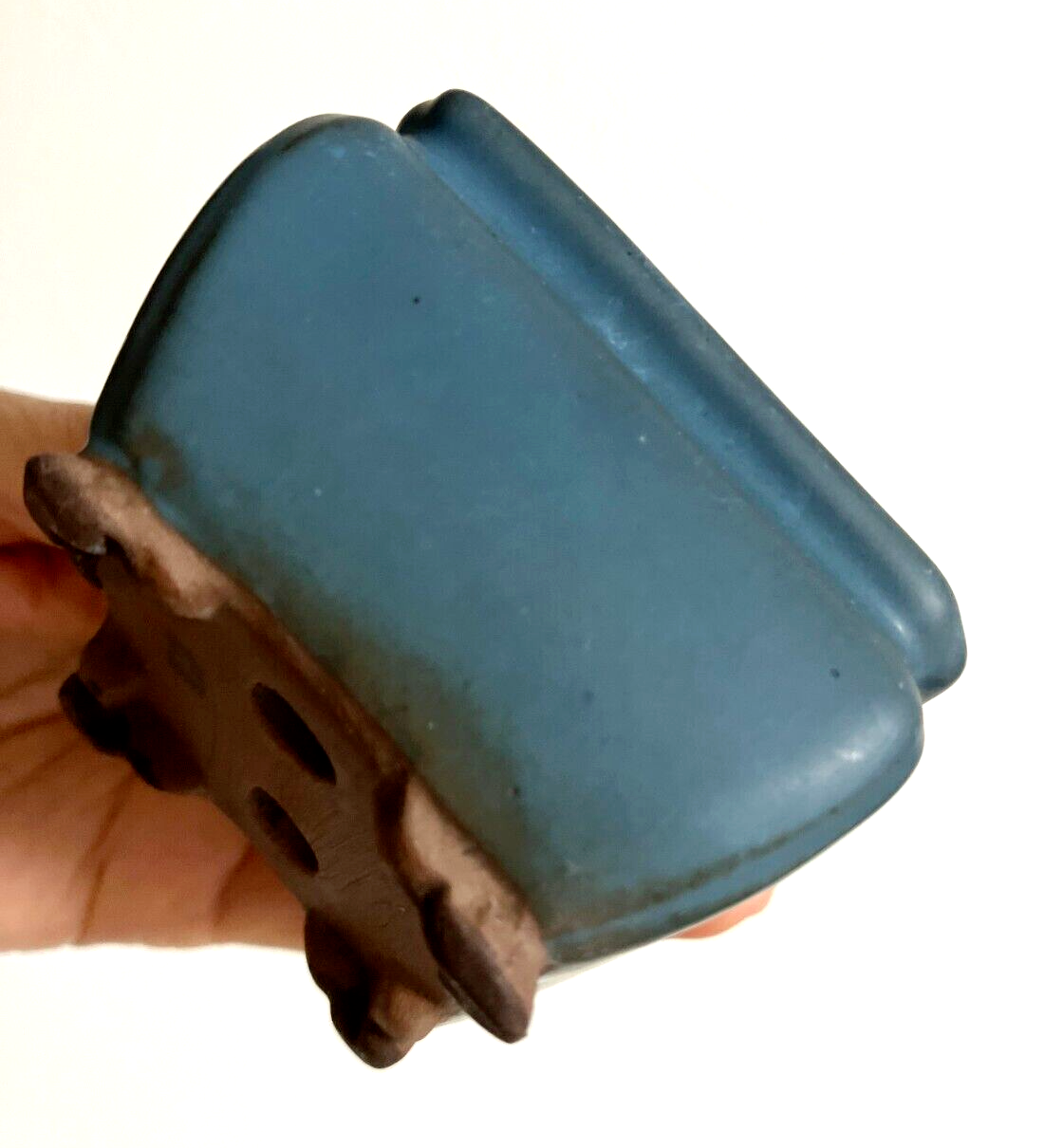 Japanese bonsai pot TOSUI signed blue glazed Jar shaped cloud foot w2.8" /19