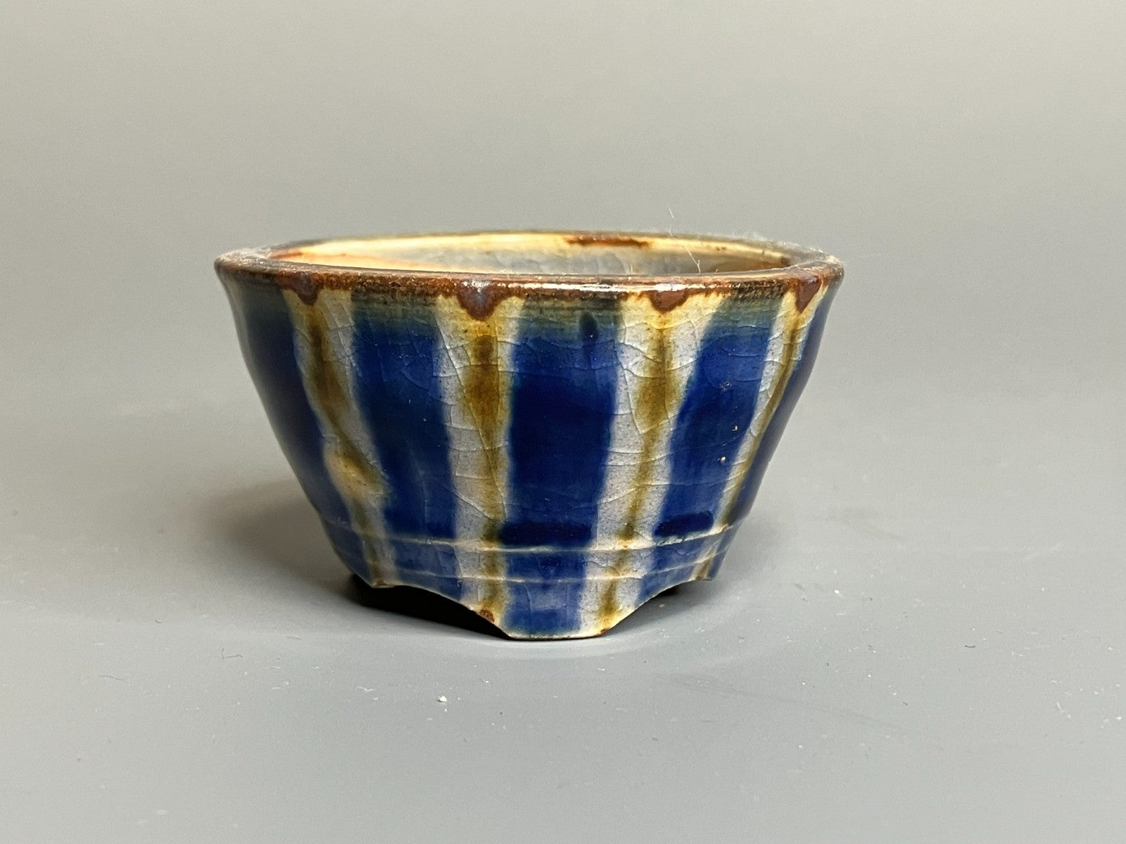 Japanese Bonsai pot MASAKO KUNII signed Glazed Blue stripe MAME Rd φ2.6" /429
