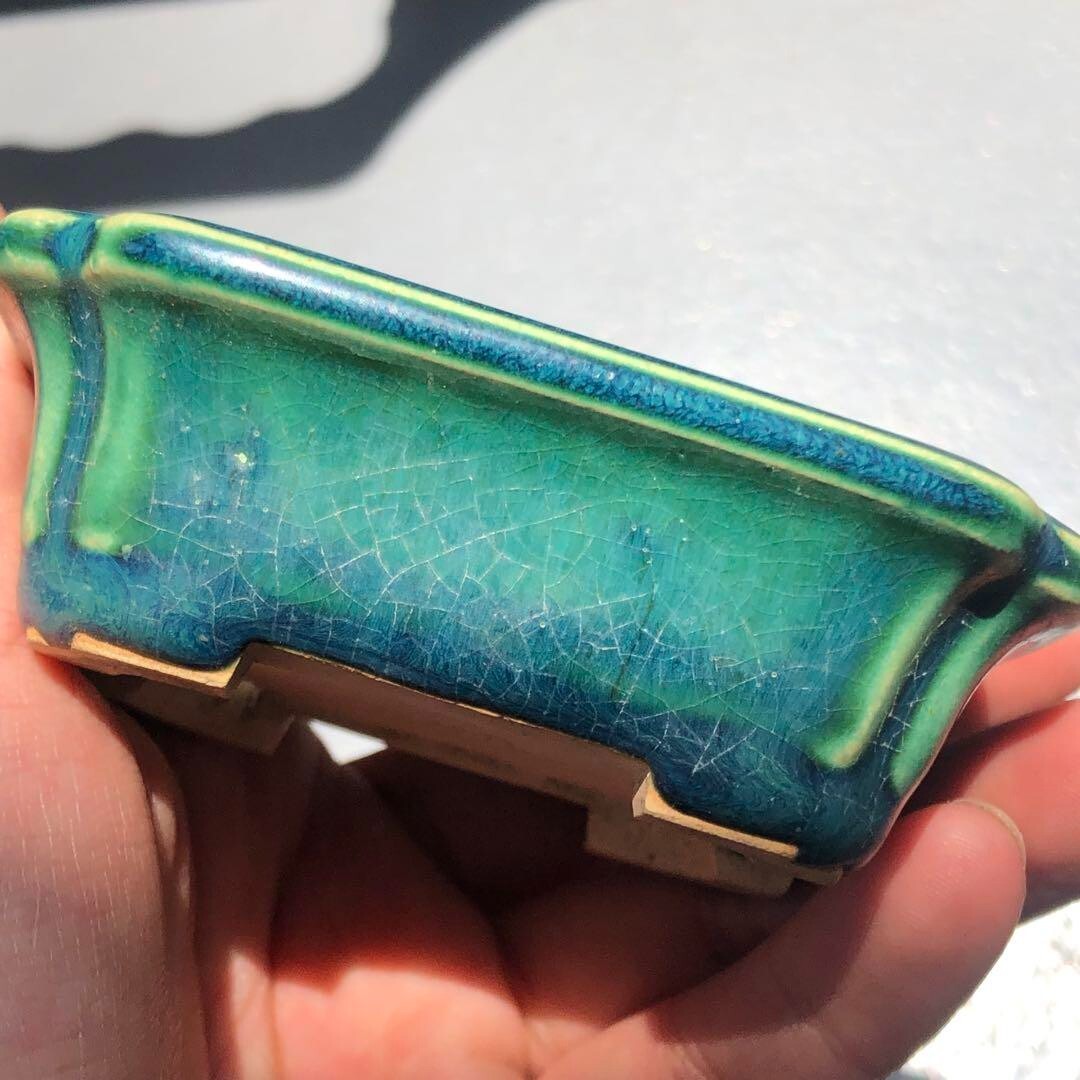 Japanese TOKONAME Bonsai pot YOZAN kiln EIMEI signed Green glazed w3.3" /404