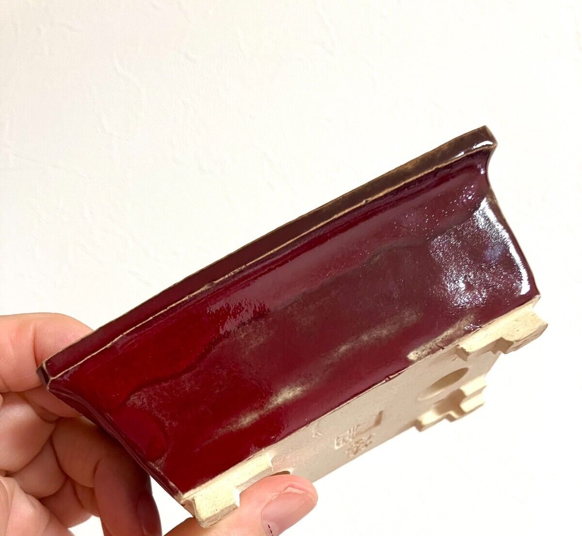 Japanese bonsai pot FUKUDA KEIUN signed Chicken blood glaze rectangle w4.3" /308