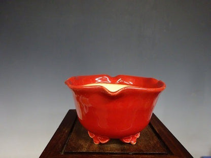 Japanese Bonsai pot FUKA signed Coral glazed RINKA Round Red φ3.7" /424