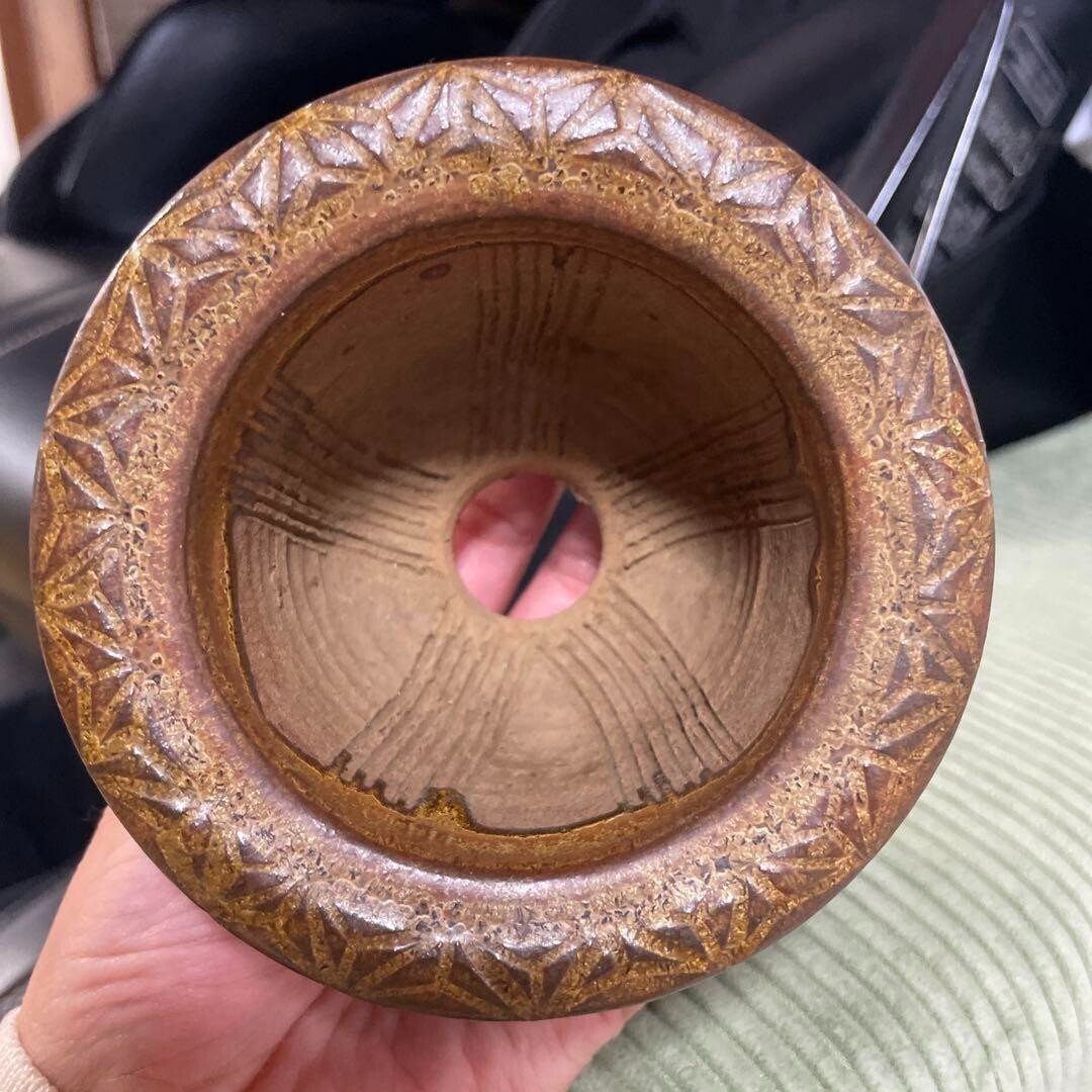 Japanese bonsai pot HOSEI TANI sign Relief pattern Outer edge Round φ3.9" /384 6