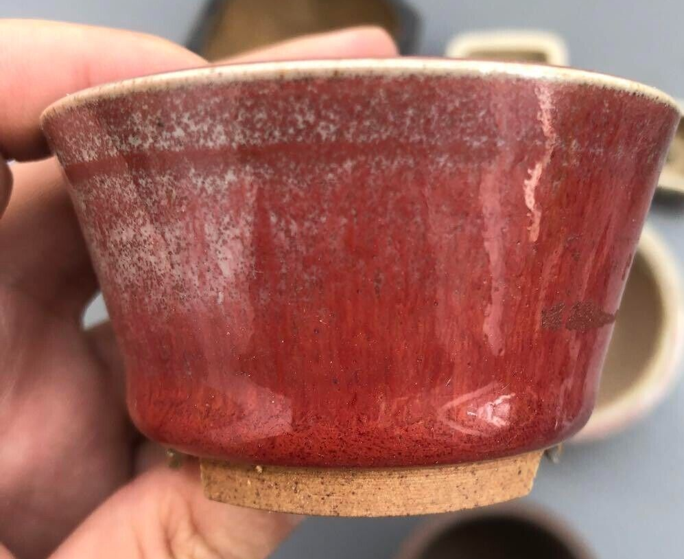 Japanese bonsai pot TACHIBANA signed red glazed SESSOKU foot use φ2.8" /238