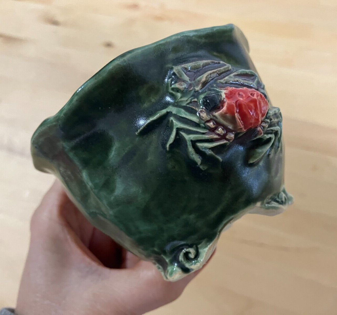 Japanese bonsai pot MASASHI FURUMOTO signed Green glazed Crab relief w3.8" 342