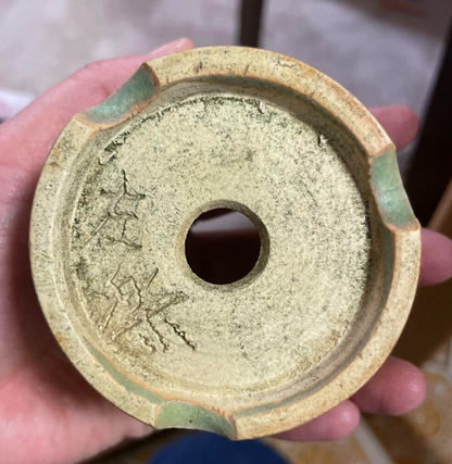 Japanese Bonsai pot SARAKU signed Green glazed Relief pattern Round φ3.2" /387