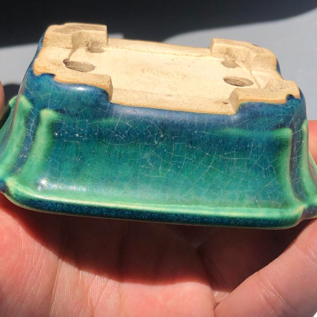 Japanese TOKONAME Bonsai pot YOZAN kiln EIMEI signed Green glazed w3.3" /404