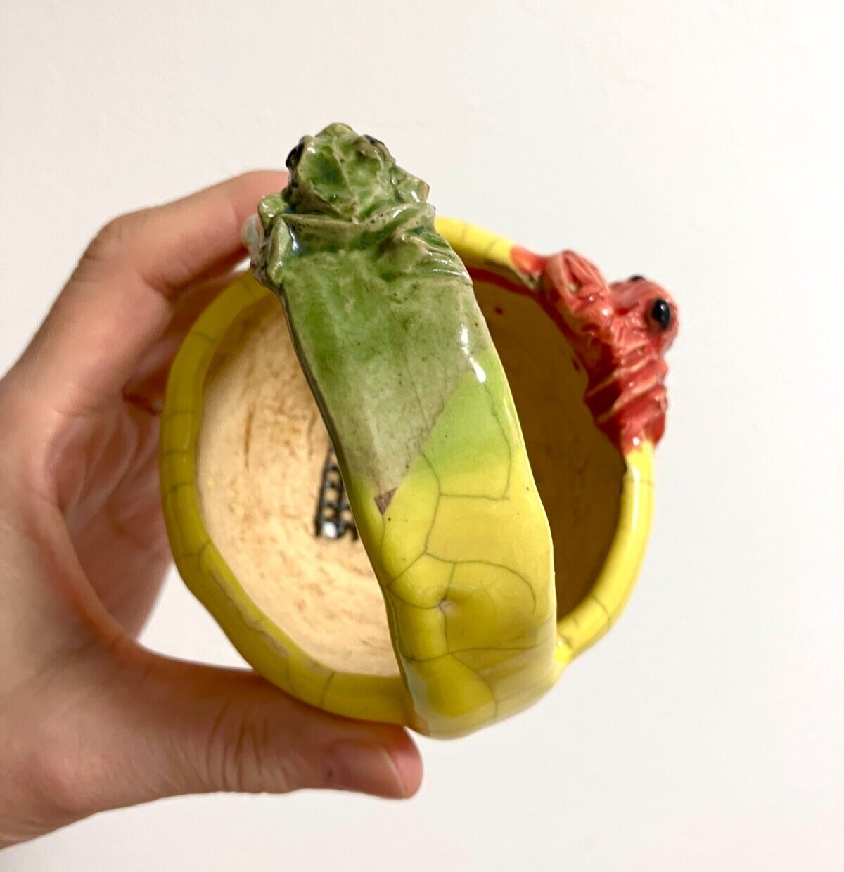 Japanese bonsai pot MASASHI FURUMOTO signed frog & crab relief basket φ3.3" /312