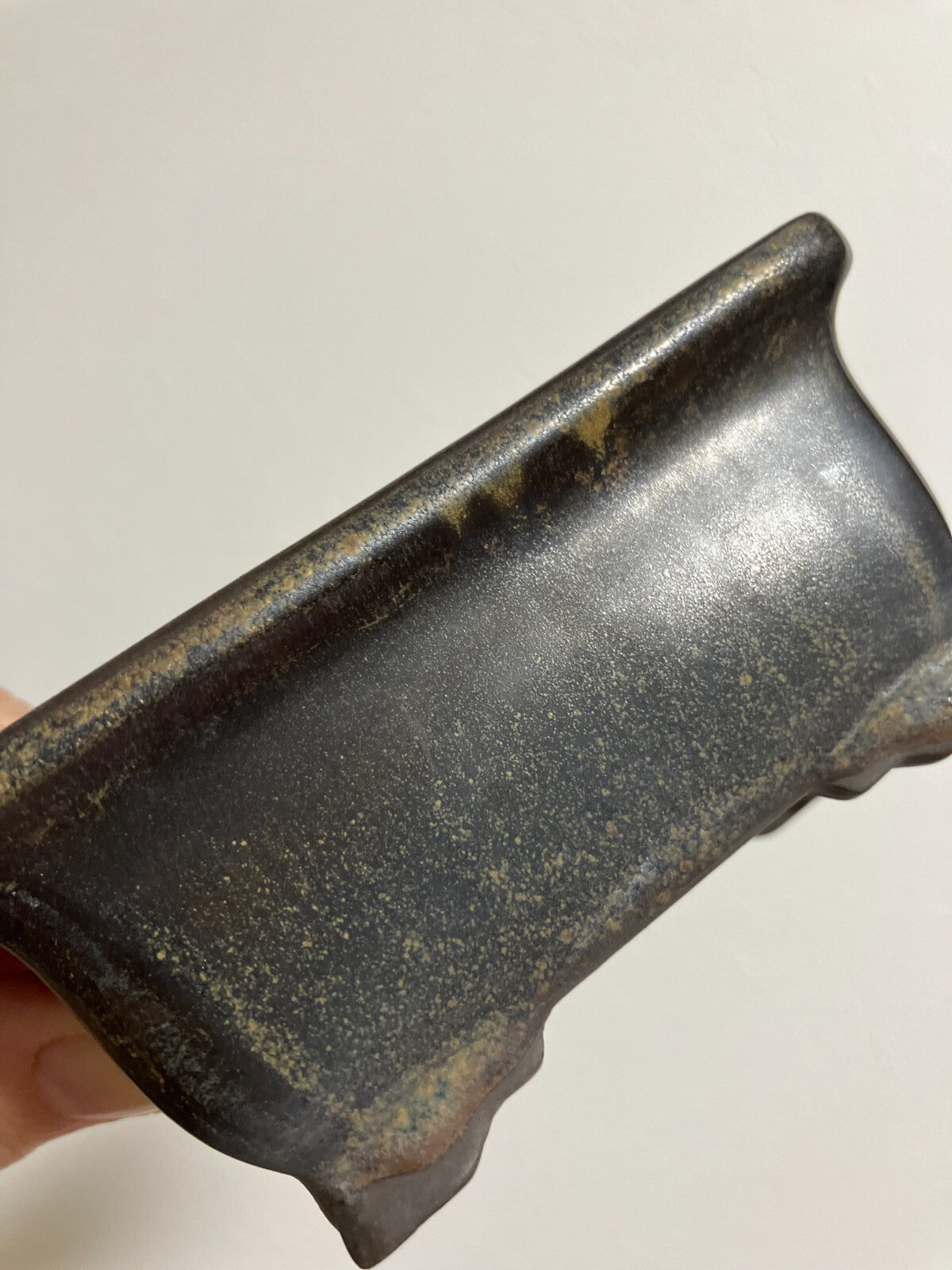 Japanese bonsai pot TOSUI signed glazed rectangle black brown w4.1" #26