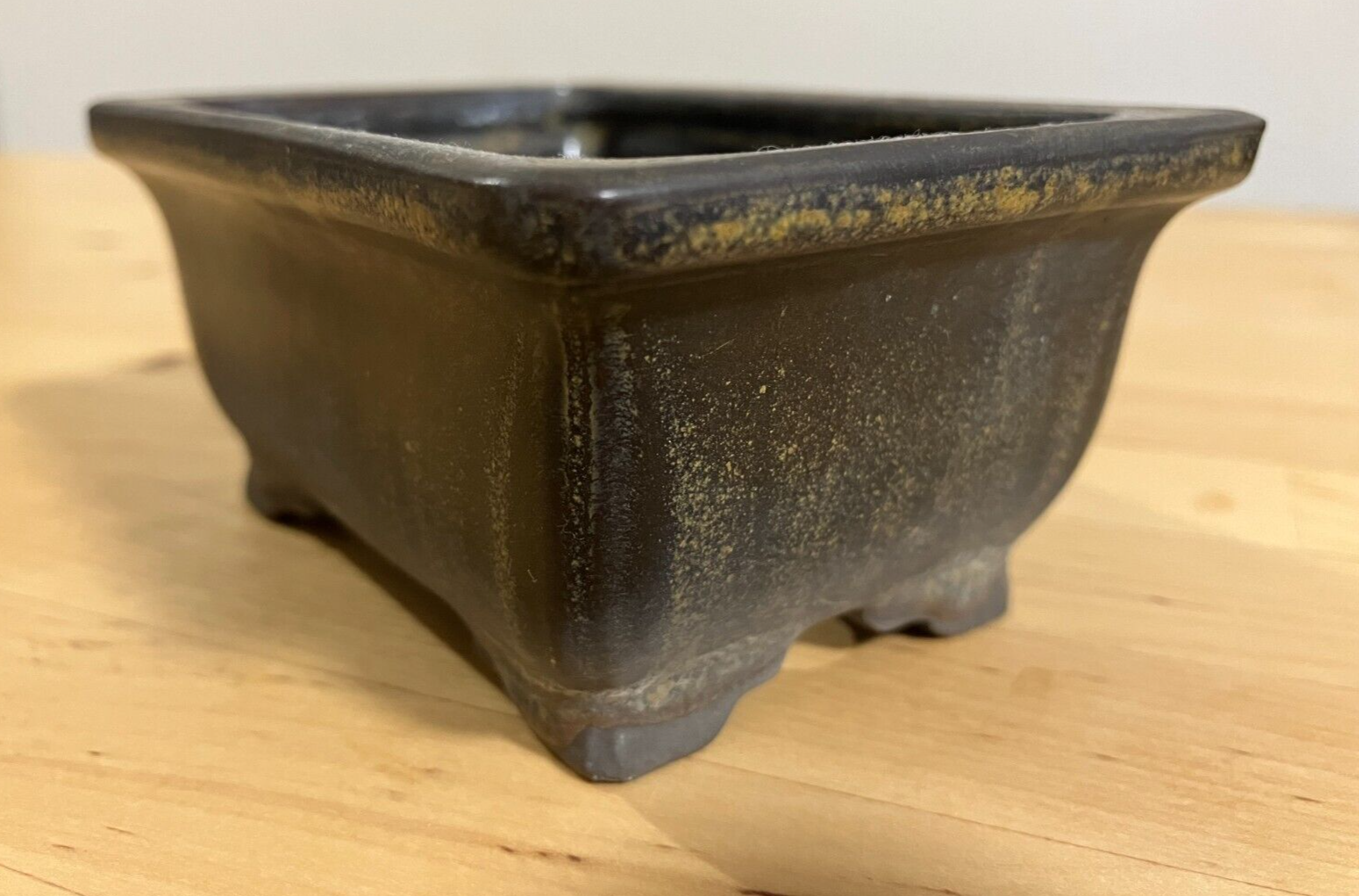 Japanese bonsai pot TOSUI signed glazed rectangle black brown w4.1" #26