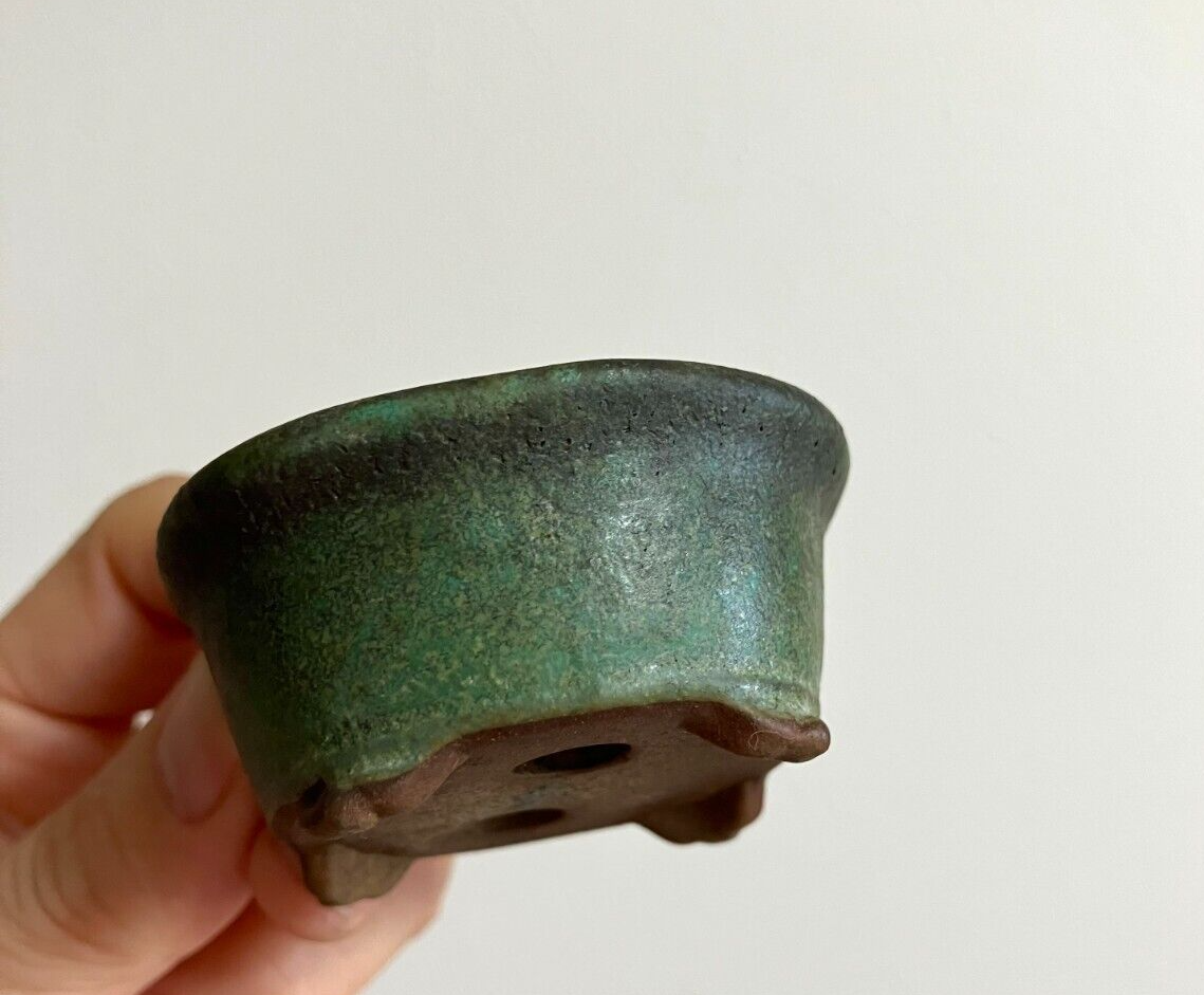 Japanese old bonsai pot TOSUI signed Set of 2 Cloud foot Green Brown w2.4" /310