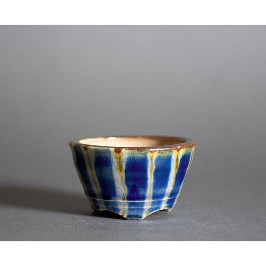 Japanese Bonsai pot MASAKO KUNII signed Glazed Blue stripe MAME Rd φ2.2" /431