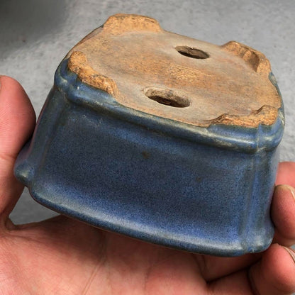Japanese TOKONAME Bonsai pot HATTORI sign Blue glaze Outer edge Rctgl w4.8" /425