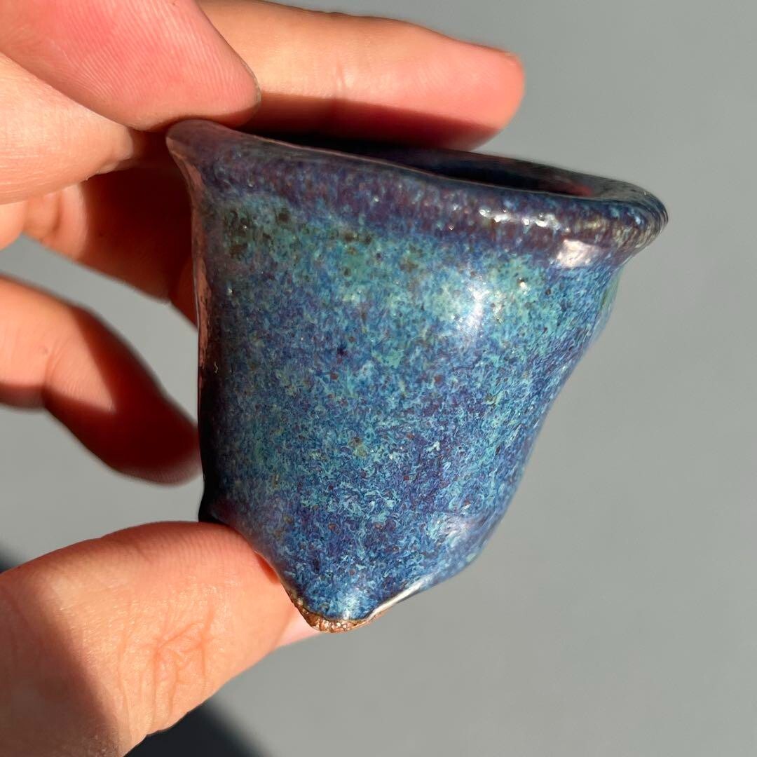 Japanese Bonsai pot AKINAO signed Peacock glazed MAME Cascade h1.8" /394