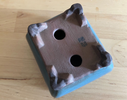 Japanese bonsai pot TOSUI signed blue glazed Jar shaped cloud foot w2.8" /19