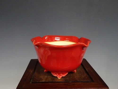 Japanese Bonsai pot FUKA signed Coral glazed RINKA Round Red φ3.7" /424