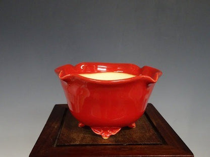 Japanese Bonsai pot FUKA signed Coral glazed RINKA Round Red φ3.7" /424