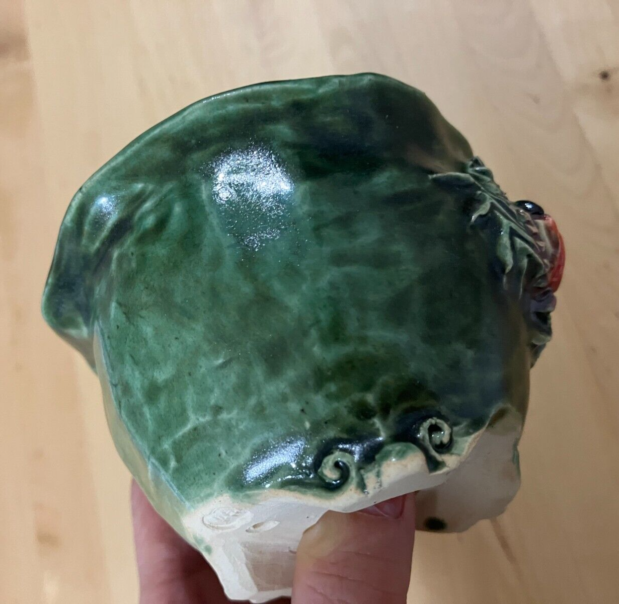 Japanese bonsai pot MASASHI FURUMOTO signed Green glazed Crab relief w3.8" 342