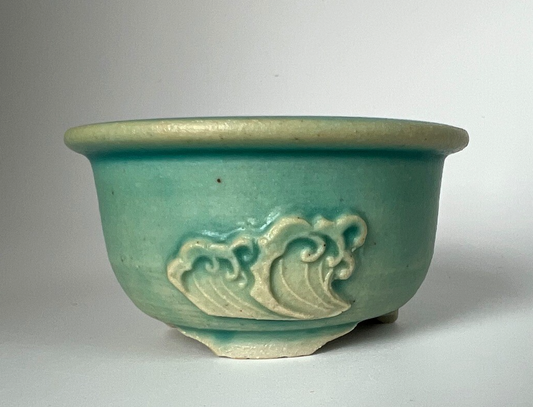 Japanese Bonsai pot TATSUYA KATO signed Green glaze Wave motif MAME w2.4" /414