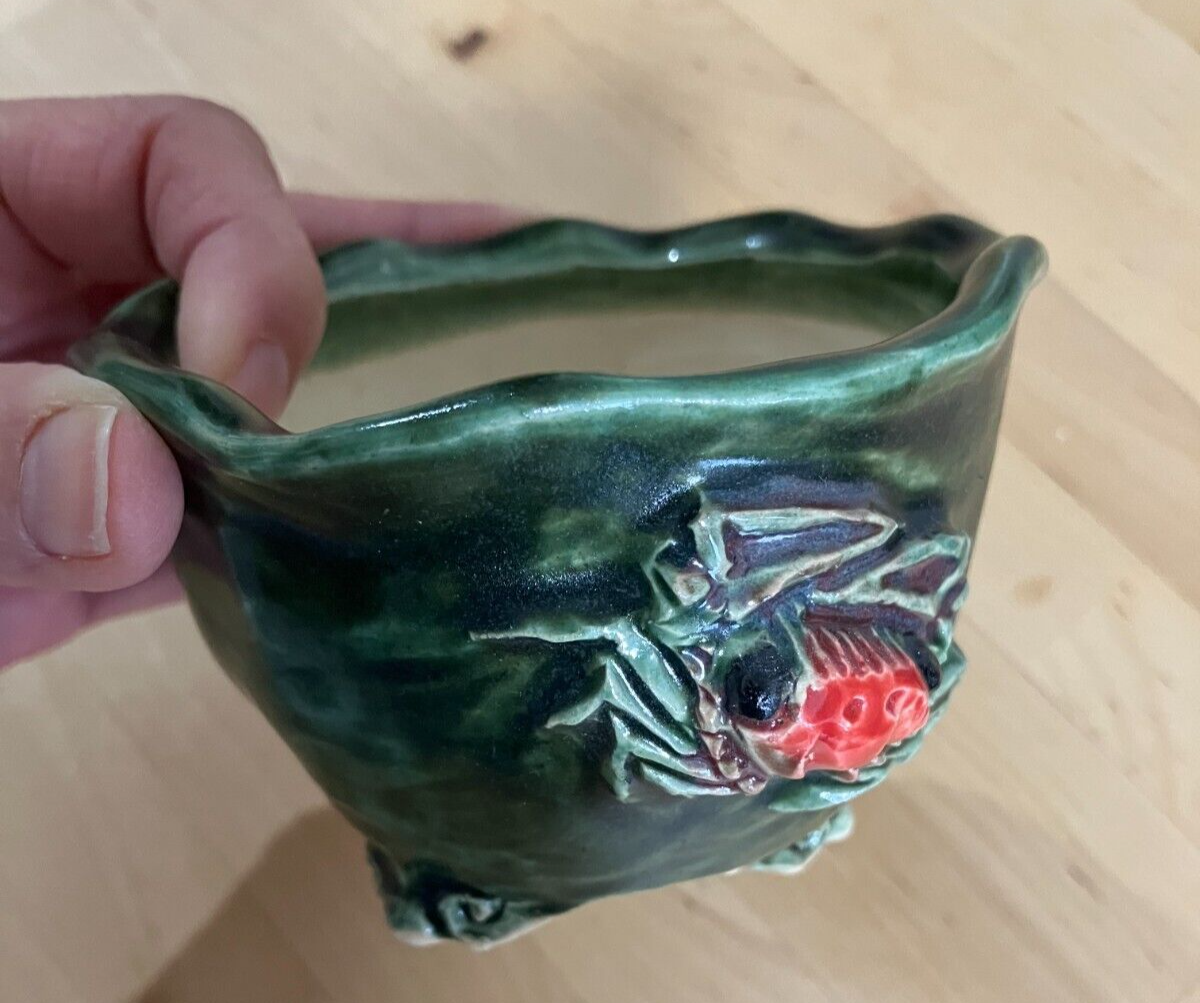 Japanese bonsai pot MASASHI FURUMOTO signed Green glazed Crab relief w3.8" 342
