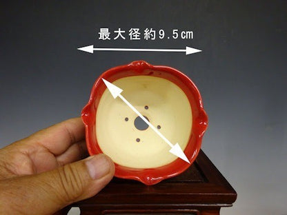 Japanese Bonsai pot FUKA signed Coral glazed RINKA Round Red φ3.7" /424