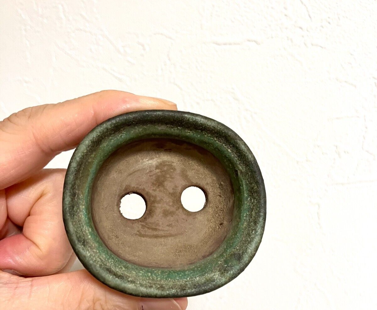 Japanese old bonsai pot TOSUI signed Set of 2 Cloud foot Green Brown w2.4" /310