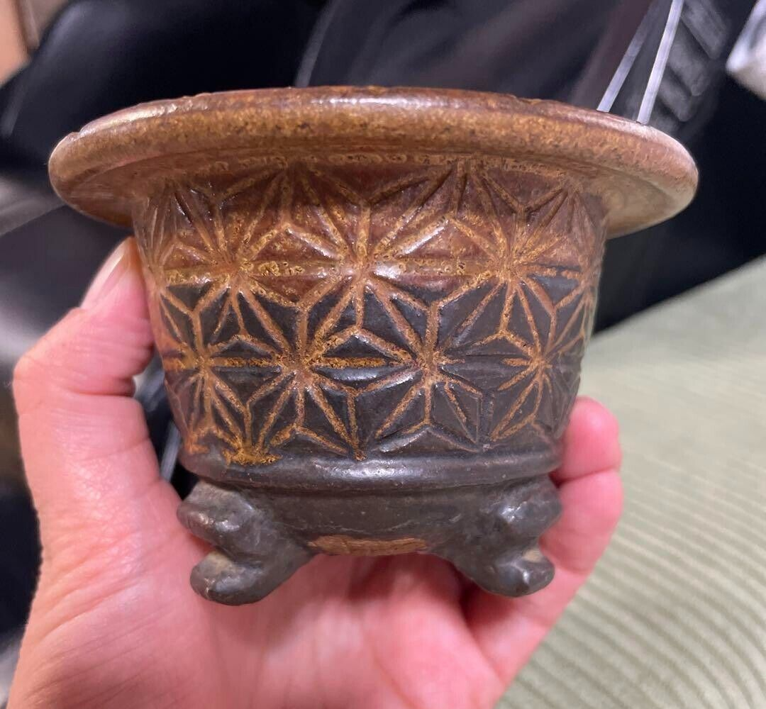 Japanese bonsai pot HOSEI TANI sign Relief pattern Outer edge Round φ3.9" /384 6
