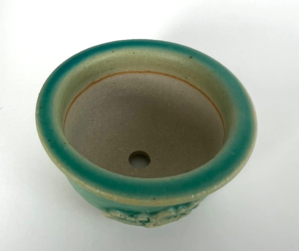 Japanese Bonsai pot TATSUYA KATO signed Green glaze Wave motif MAME w2.4" /414