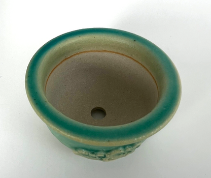 Japanese Bonsai pot TATSUYA KATO signed Green glaze Wave motif MAME w2.4" /414