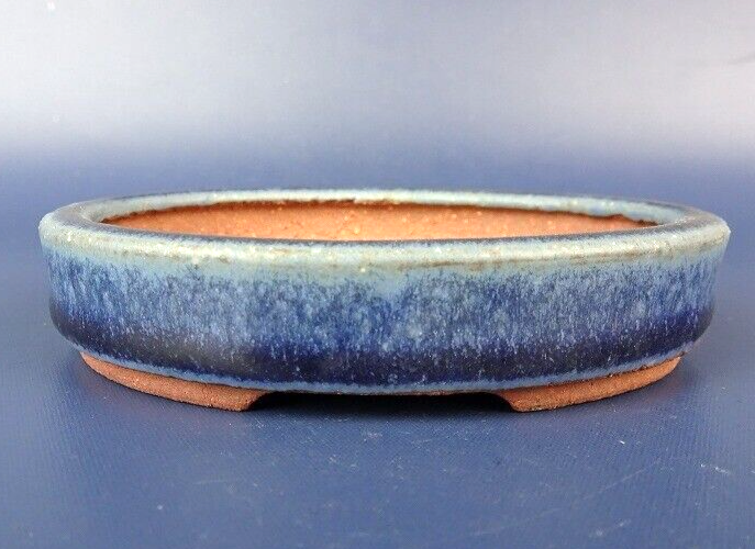 Japanese TOKONAME bonsai pot YOZAN signed Navy glazed Oval NAMAKO w3.5" /405