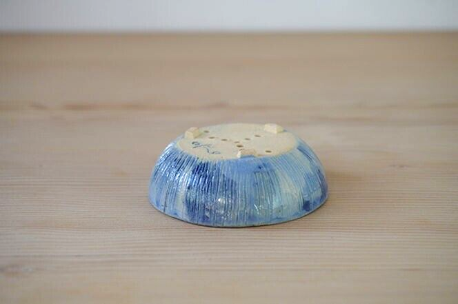 Japanese bonsai pot AKIMUNE signed MAME glazed Blue rain three legs φ2.7" /318