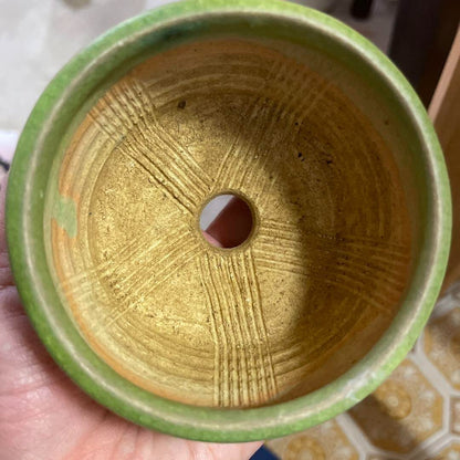Japanese Bonsai pot SARAKU signed Green glazed Relief pattern Round φ3.2" /387