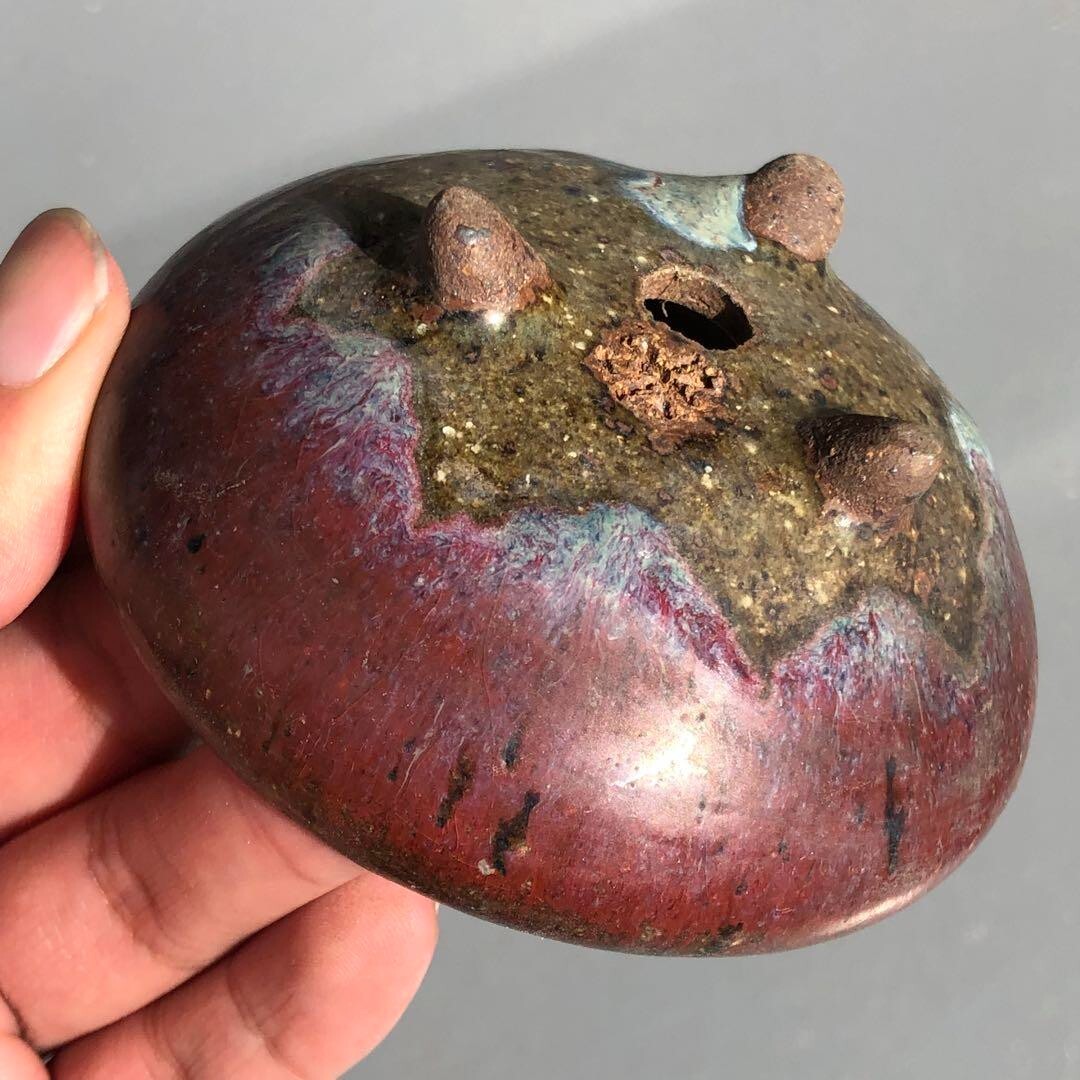 Japanese bonsai pot YOHEN Cinnabar glazed 3 legs Blue Purple Round φ3.5" /422