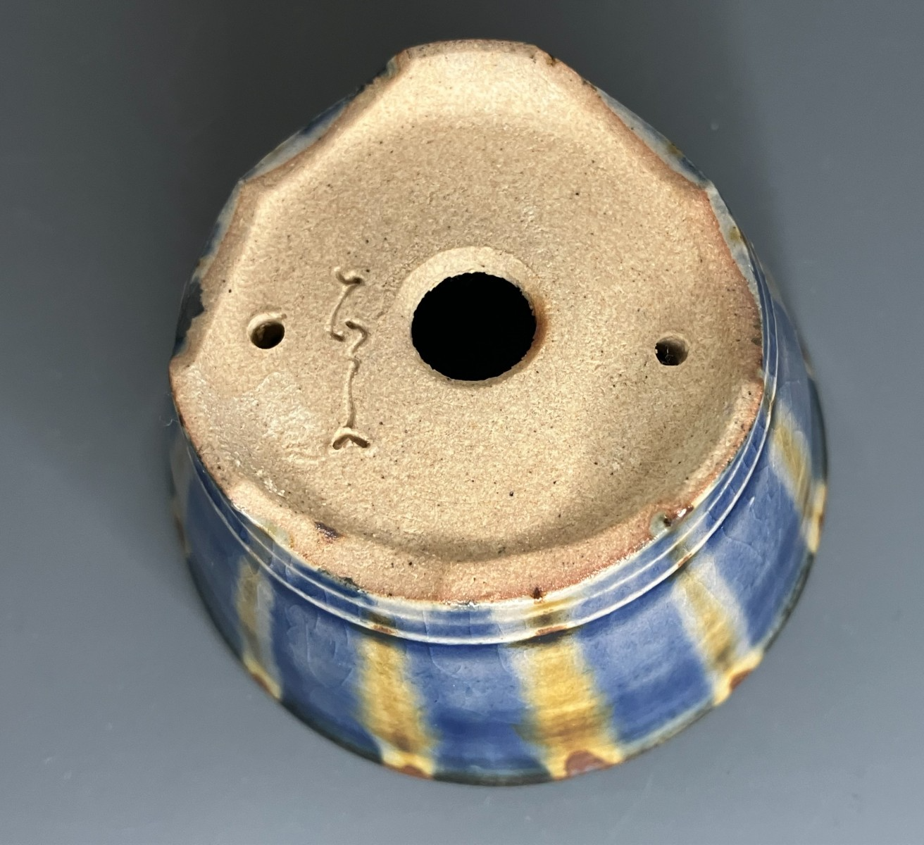 Japanese Bonsai pot MASAKO KUNII signed Glazed Blue stripe MAME Rd φ2.6" /429