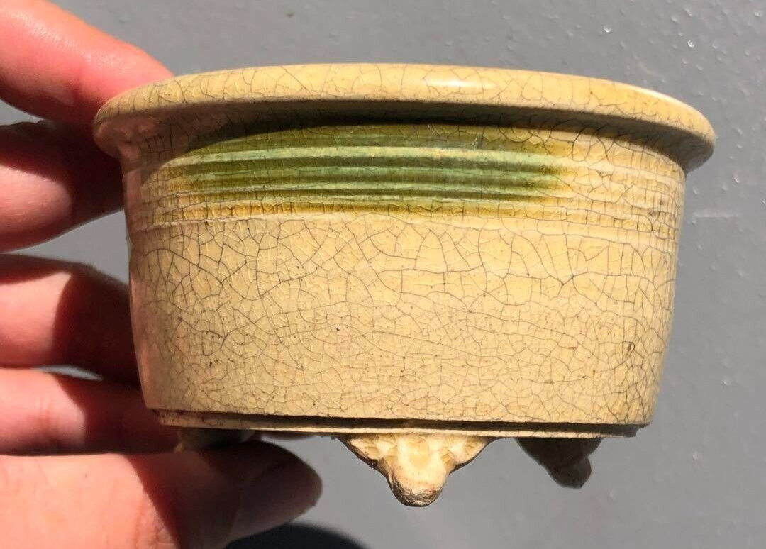 Japanese bonsai pot YOZAN sign SETO crackle Glazed cream cloud foot φ3.5" /291
